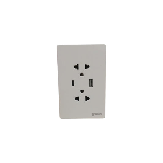 Grazen 2 gang outlet with USB-C and USB-A in white for charging multiple devices
