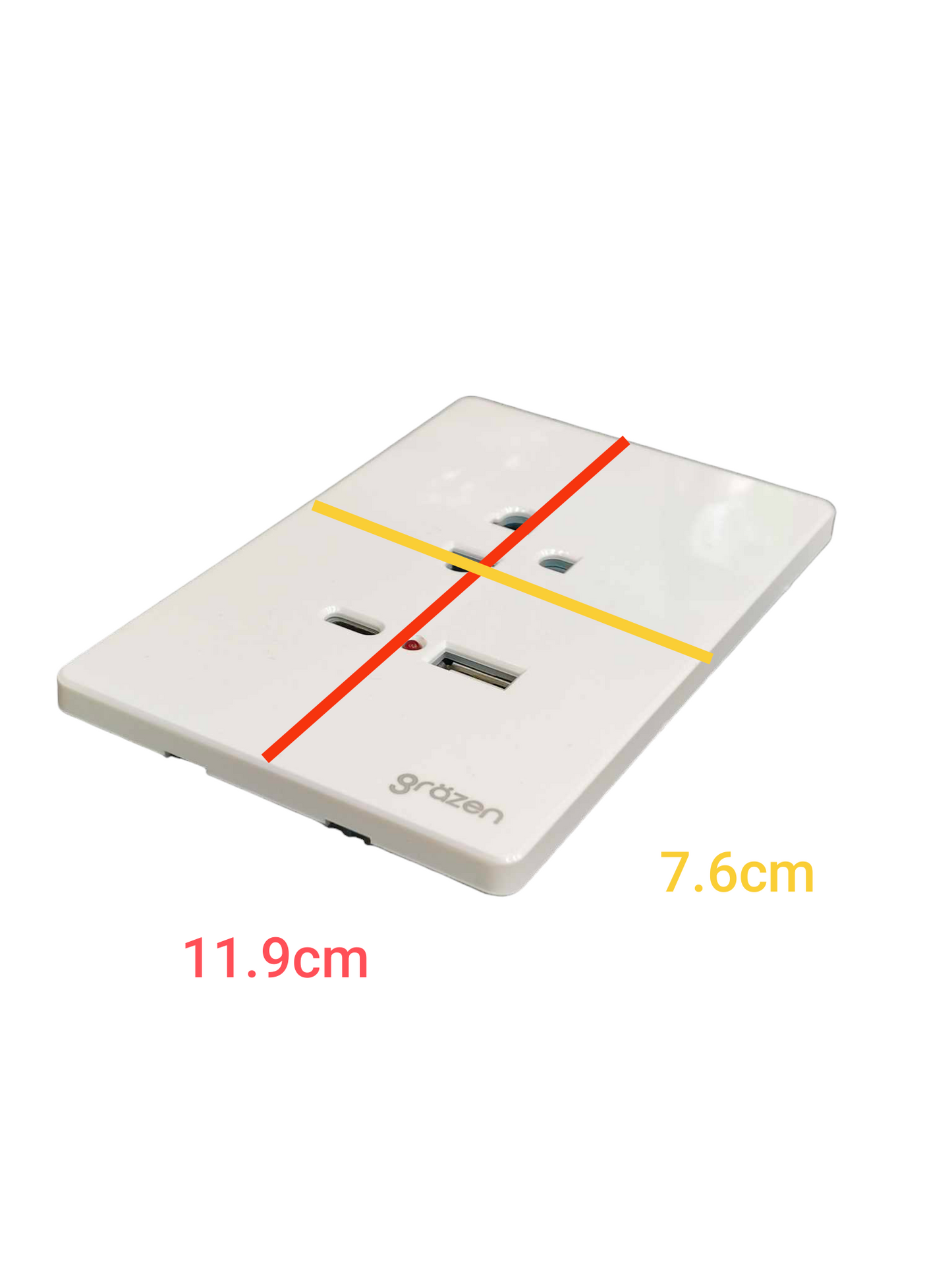 Grazen 2 gang outlet with USB-C and USB-A in white with compact design and clear dimensions