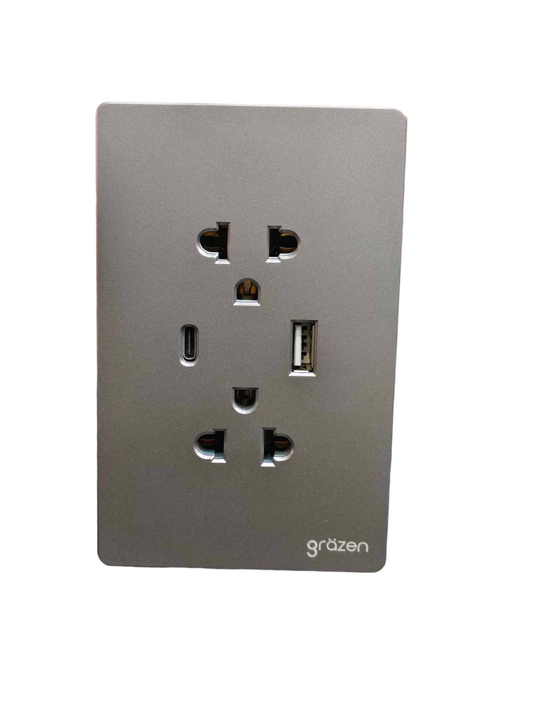Grazen 2 gang outlet with USB-C and USB-A in sleek dark gray finish for versatile charging