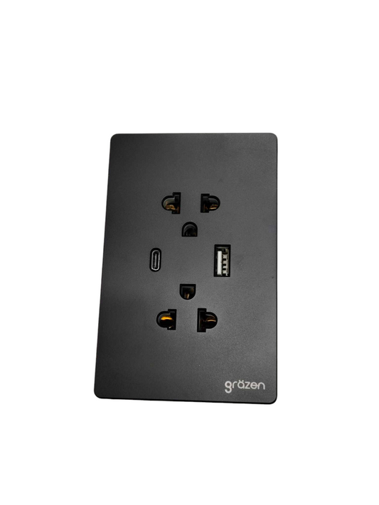 Grazen 2 gang outlet with USB-C and USB-A in black power point with universal sockets