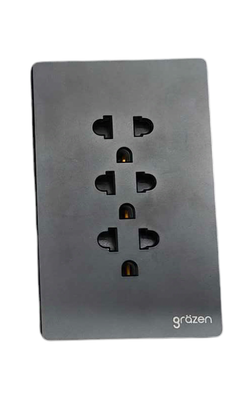 Grazen 3 Gang Universal Outlet black matte wall plate with three vertical universal sockets and logo