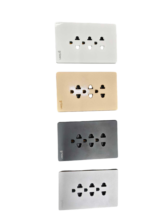 Grazen 3 Gang Universal Outlet wall plates in white gold black and silver stacked vertically showing three universal sockets