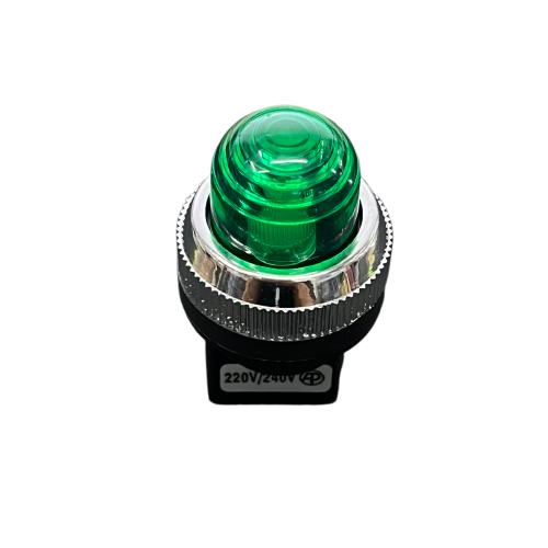 Auspicious Green 25mm Neon Pilot lamp 220V with a round green lens and a sleek stainless steel base