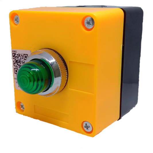 Auspicious green pilot lamp with enclosure featuring a yellow and black protective box for power points and switches