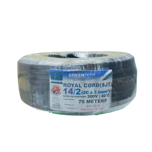 Boston Royal Cord AWG 14 - 2 Core black 75 meter SJT electrical cable coil wrapped in plastic