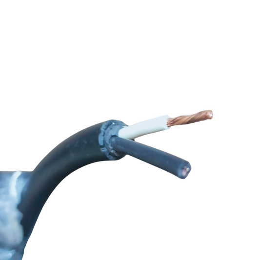 Boston Royal Cord AWG 14 - 2 Core black cable close up showing stranded copper conductor and dual insulated cores