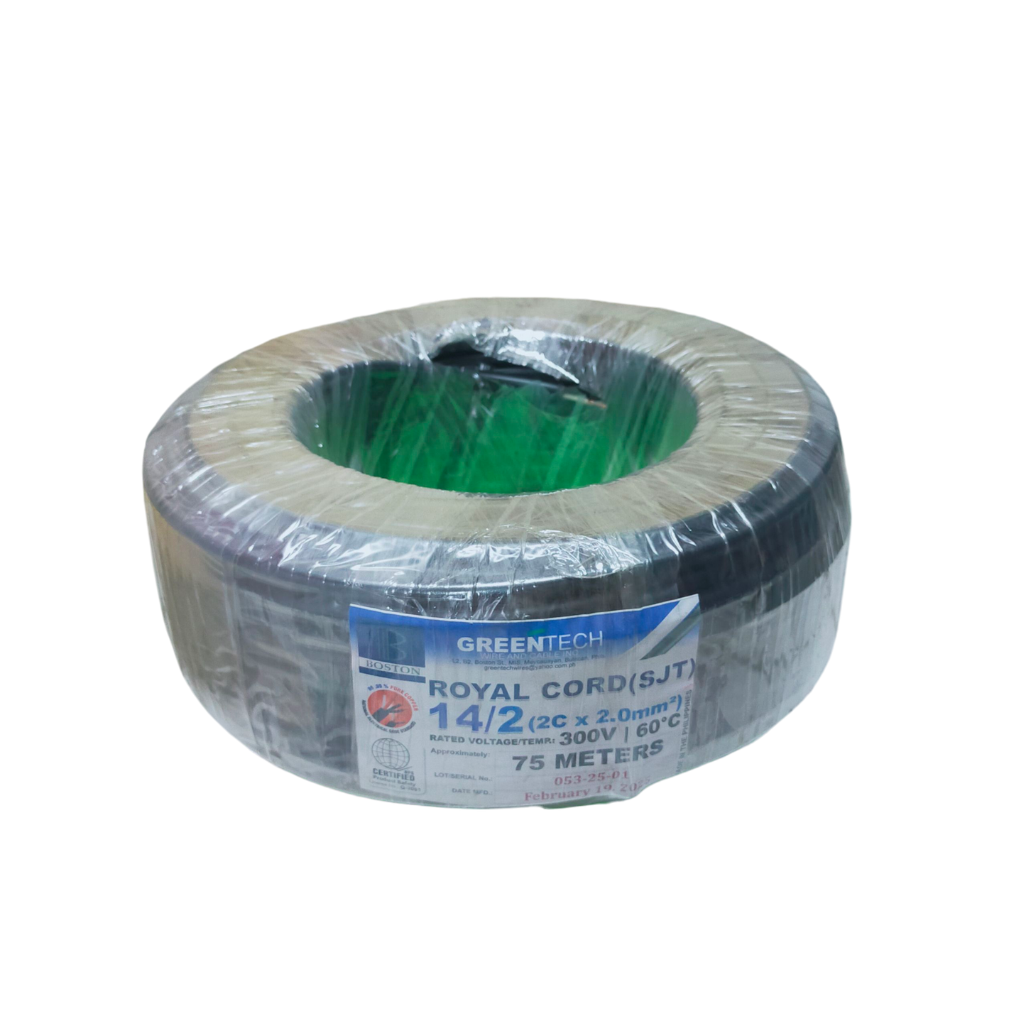 Boston spool of Royal Cord AWG 14 - 2 Core green insulated wire roll 75 meters wrapped