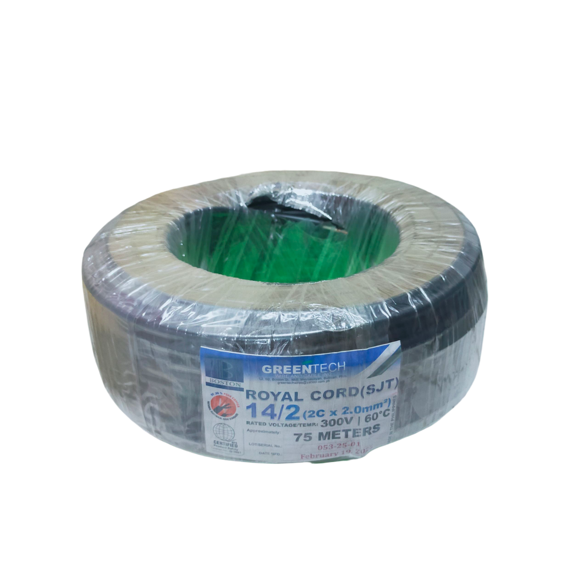 Boston spool of Royal Cord AWG 14 - 2 Core green insulated wire roll 75 meters wrapped