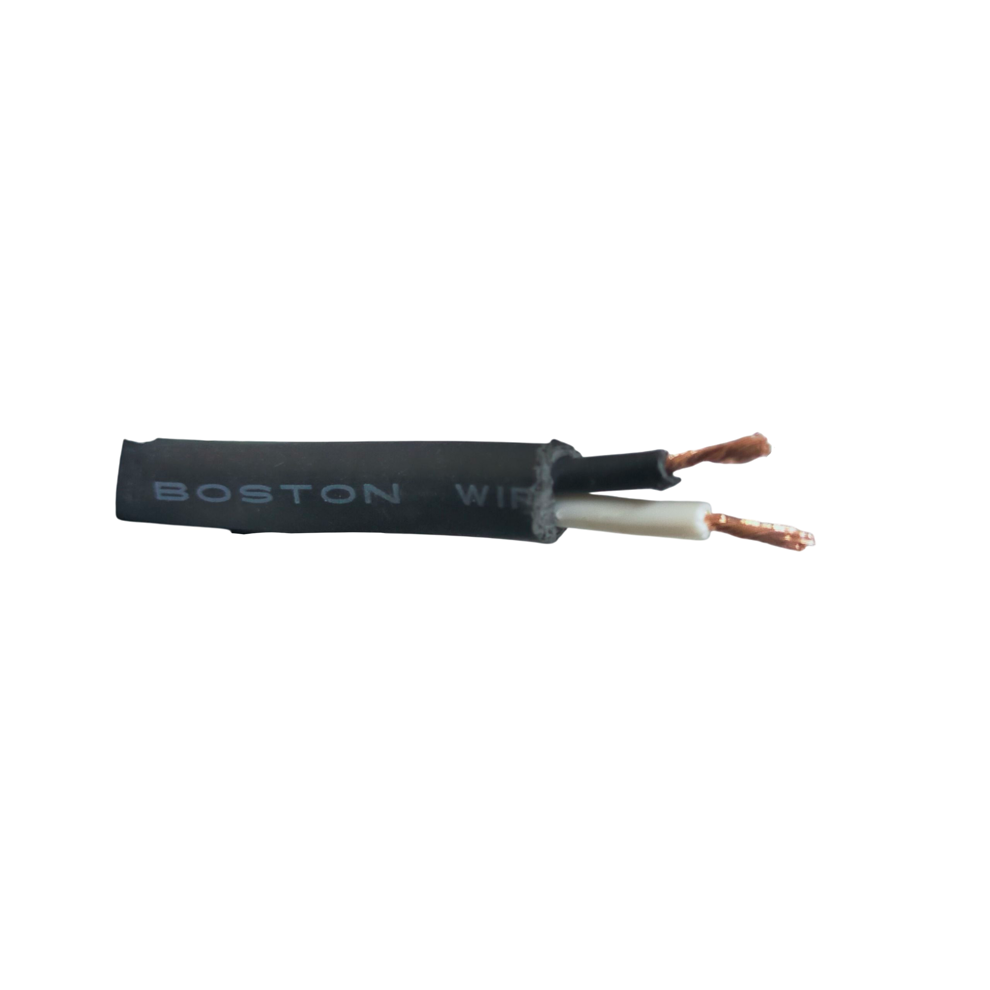 Boston black speaker cable showing two copper conductors with white and black insulation Royal Cord AWG16 - 2 Core