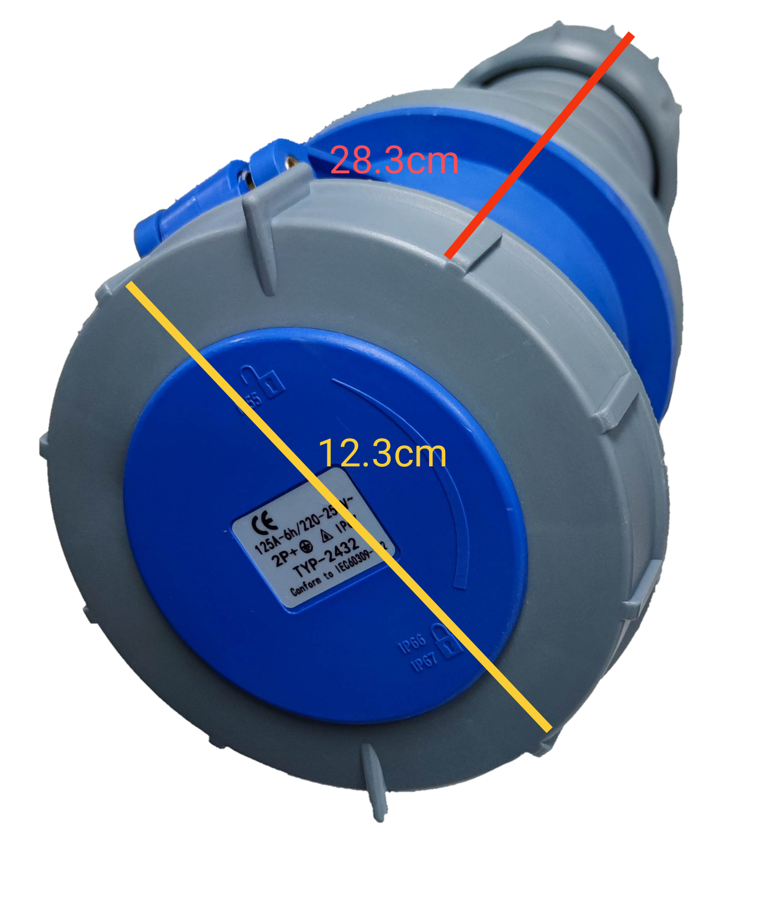 Grippes 3-pin heavy duty plug 250V featuring durable design and precise dimensions for electrical applications