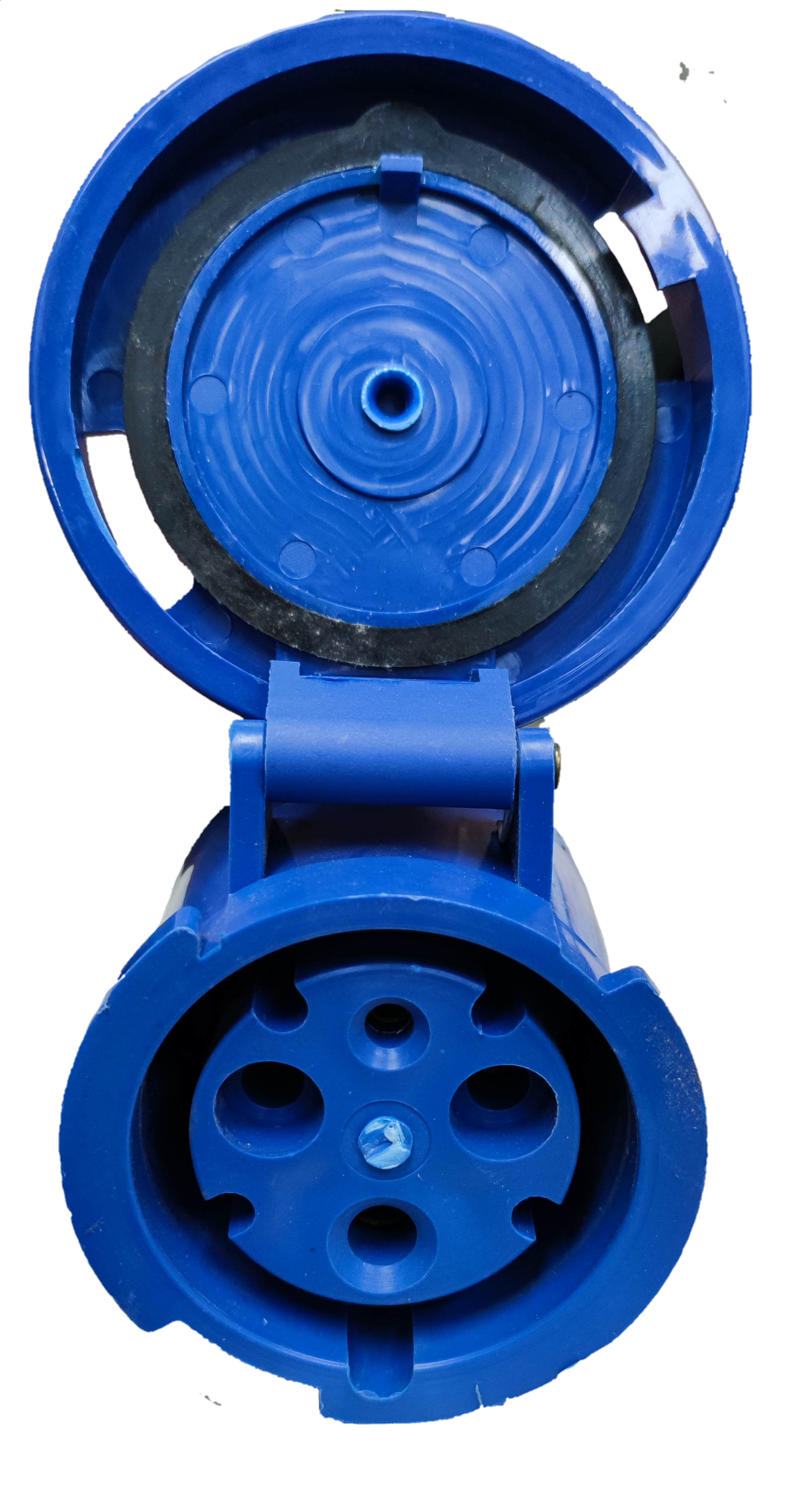 Grippes 63A industrial outlet connector in blue with protective cover open showing socket pins