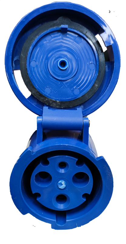 Grippes 63A industrial outlet connector in blue with protective cover open showing socket pins
