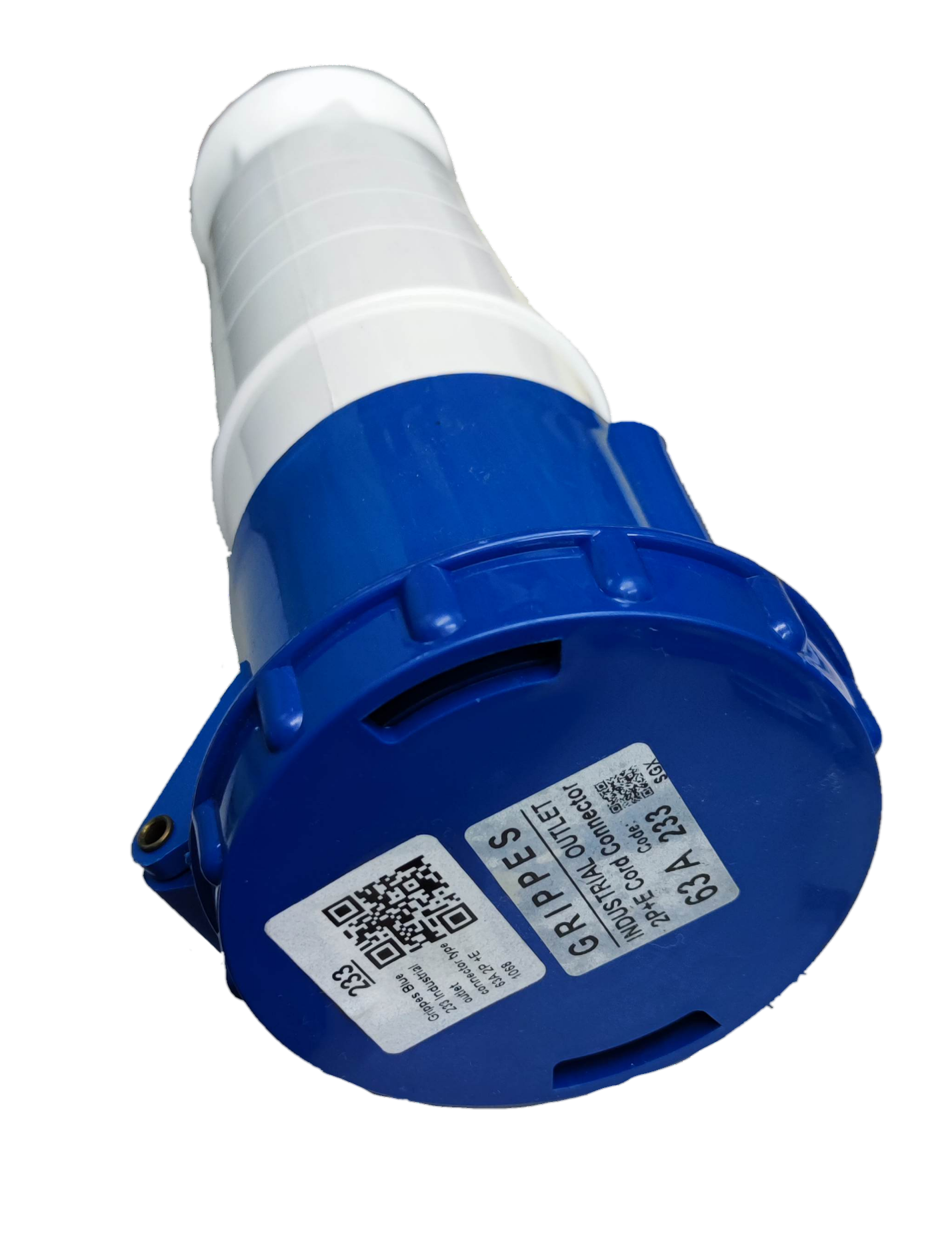Grippes 63A industrial outlet connector with blue and white durable casing for electrical circuitry
