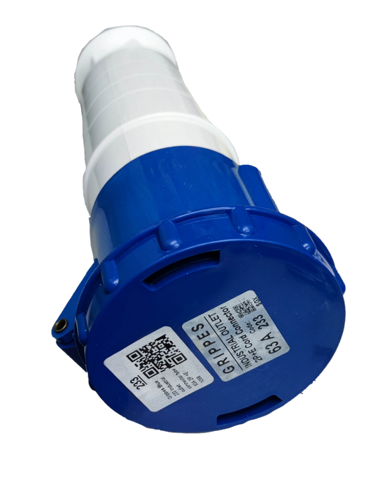 Grippes 63A industrial outlet connector with blue and white durable casing for electrical circuitry