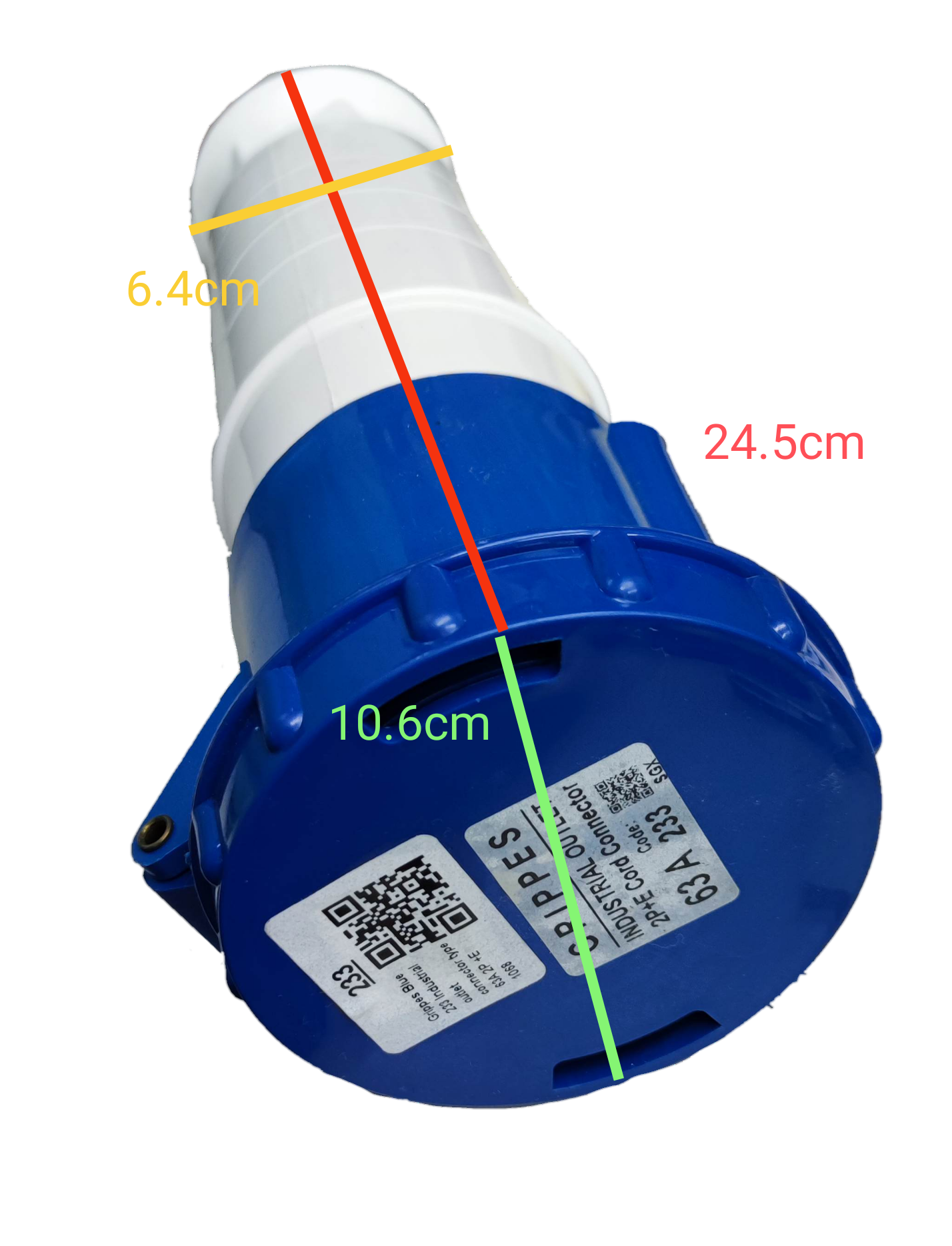 Grippes 63A industrial outlet connector in blue and white with measurements and QR code label