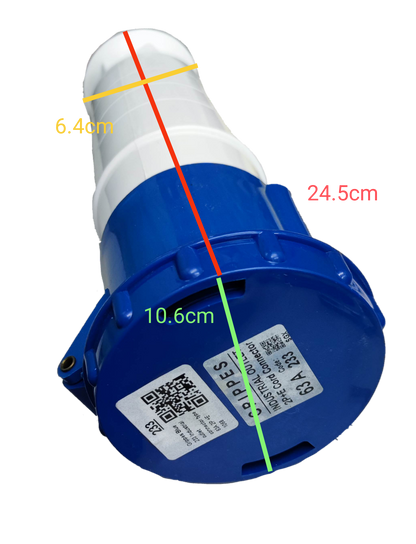 Grippes 63A industrial outlet connector in blue and white with measurements and QR code label