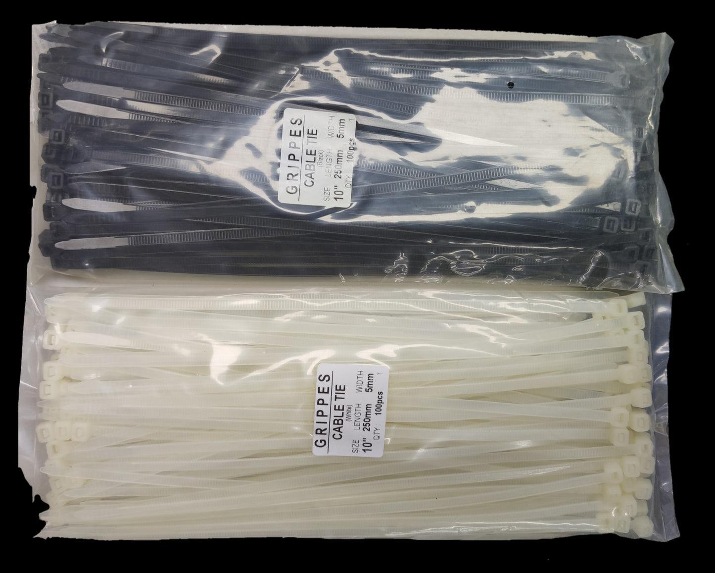 Grippes Cable Tie 10 Inches in black and white packs for securing cables and tarps