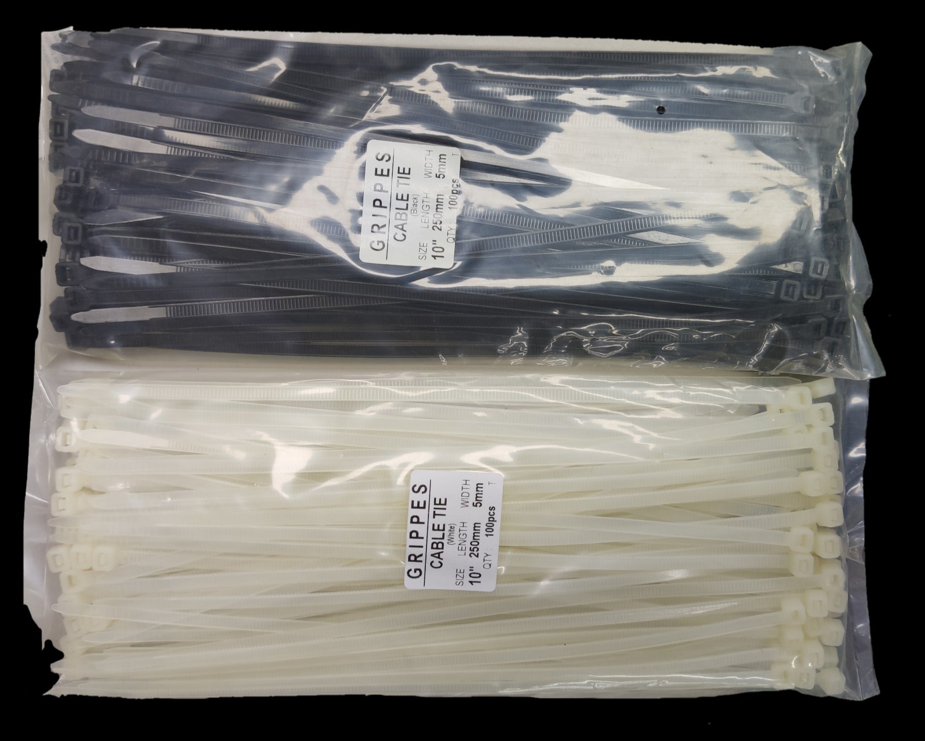 Grippes Cable Tie 10 Inches in black and white packs for securing cables and tarps