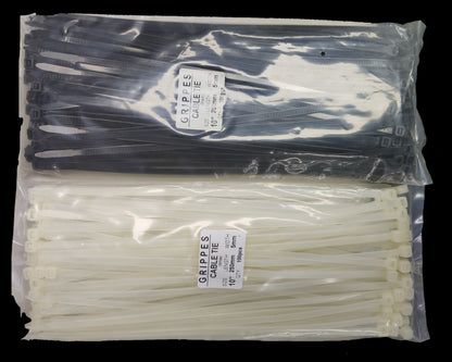 Grippes Cable Tie 10 Inches in black and white packs for securing cables and tarps