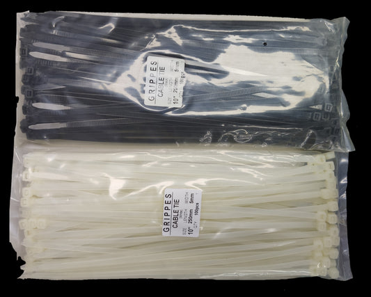 Grippes Cable Tie 10 Inches in black and white packs for securing cables and tarps