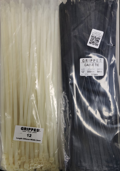 Grippes Cable Tie 12 Inches white and black zip ties pack for securing and organizing cables