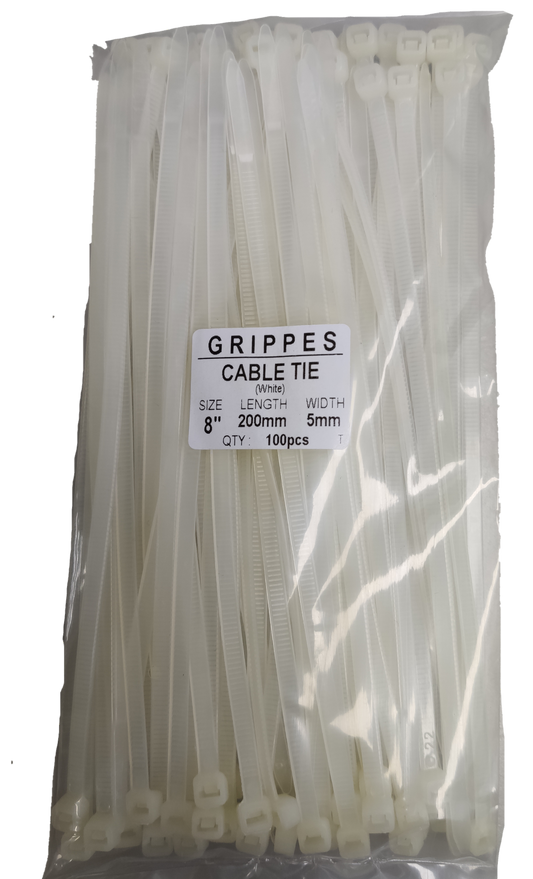 Grippes Cable Tie 8 Inch white cable ties 100 pieces pack for electrical trade tools and testers