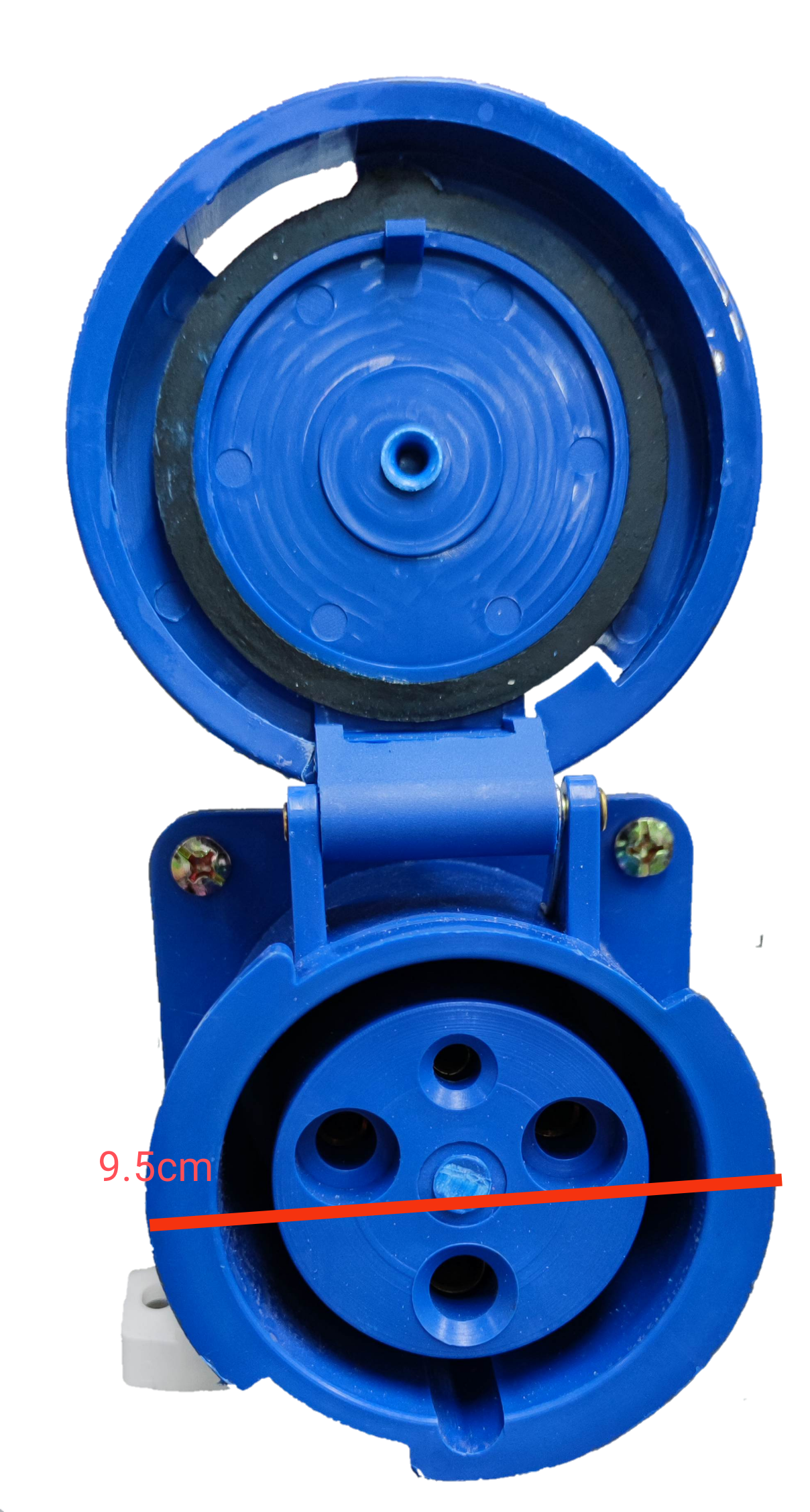 Grippes industrial wall outlet 63A in blue with hinged protective cover open showing socket pins