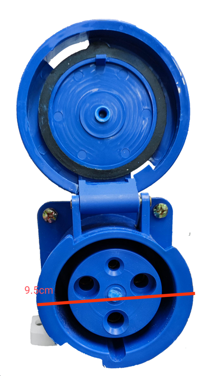 Grippes industrial wall outlet 63A in blue with hinged protective cover open showing socket pins