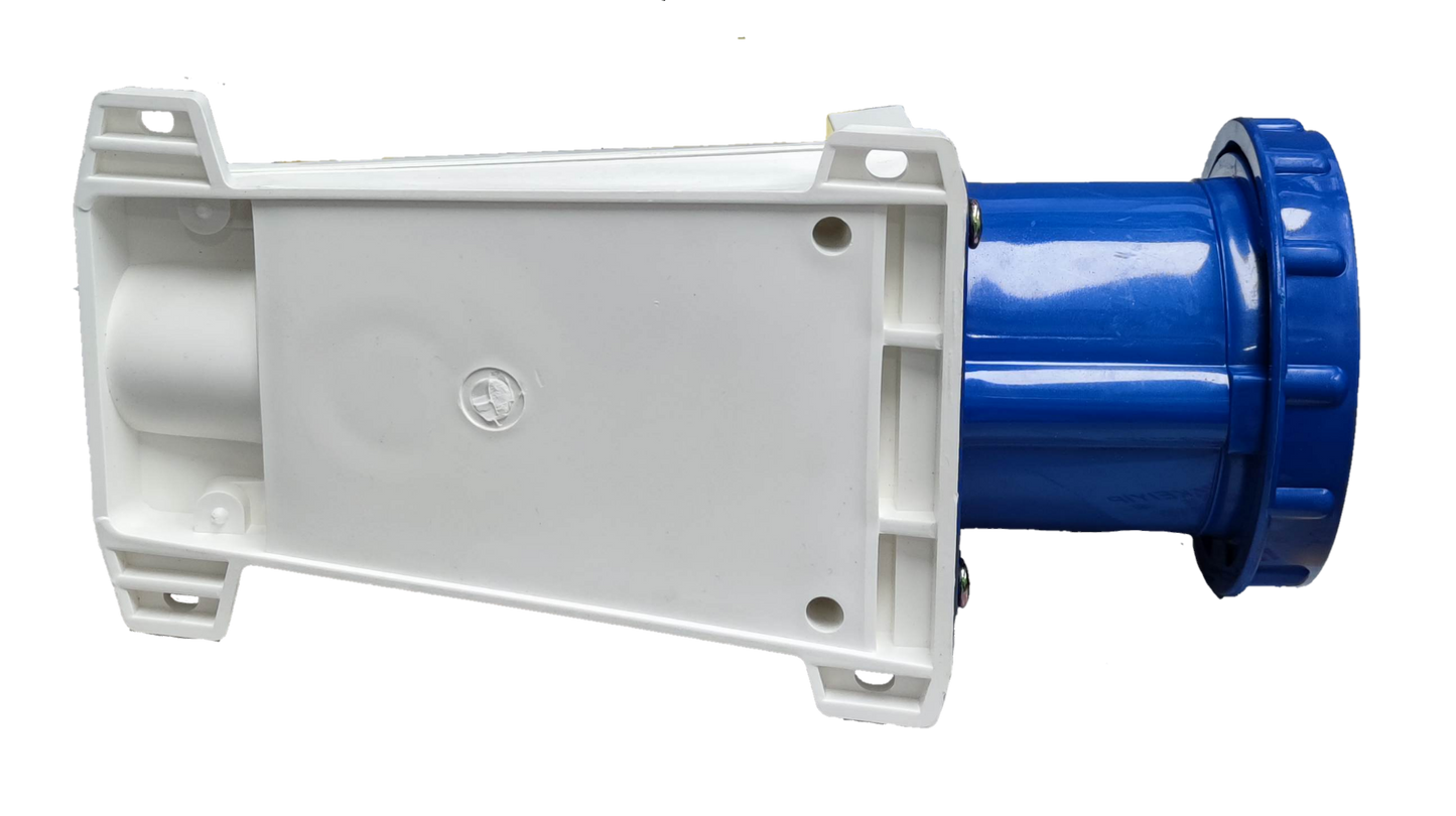 Grippes industrial wall outlet 63A with blue plug and white mounting base for heavy-duty power connection