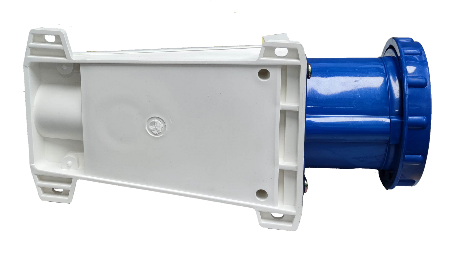 Grippes industrial wall outlet 63A with blue plug and white mounting base for heavy-duty power connection