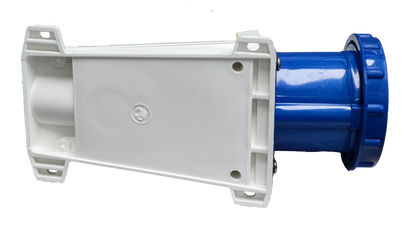 Grippes industrial wall outlet 63A with blue plug and white mounting base for heavy-duty power connection