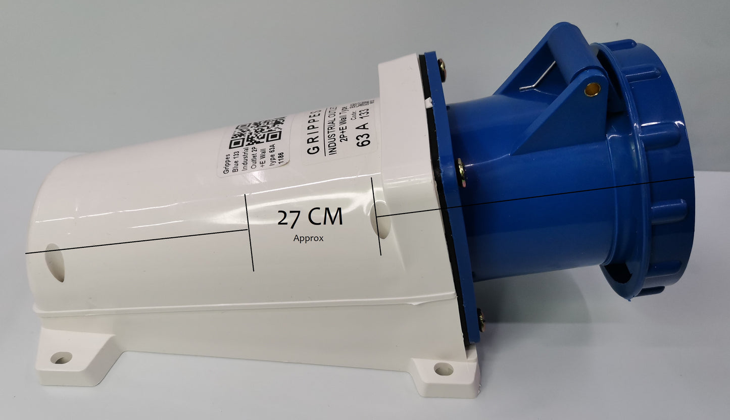 Grippes industrial wall outlet 63A with blue cover and white mounting base for power connections