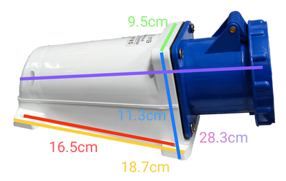Grippes industrial wall outlet 63A with blue and white casing and detailed dimensions