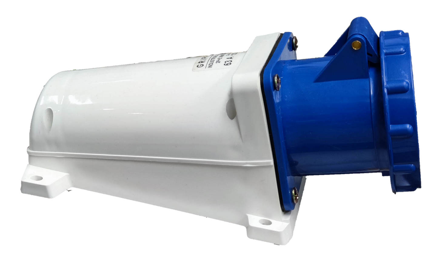 Grippes industrial wall outlet 63A with blue plug and white mounting base for heavy-duty use