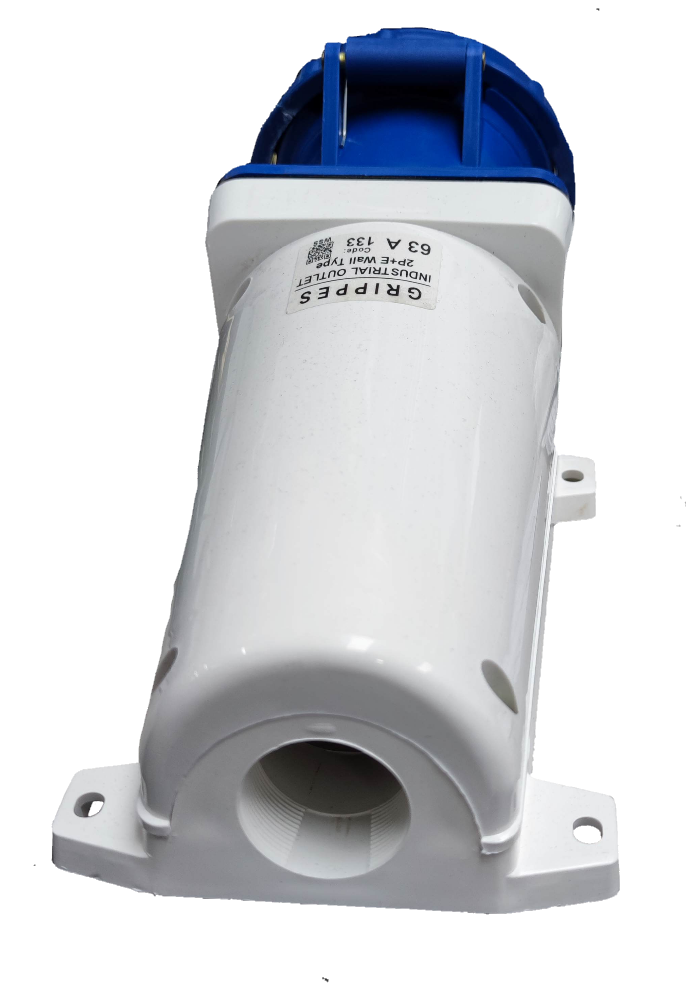 Grippes industrial wall outlet 63A in white and blue for heavy-duty electrical connections