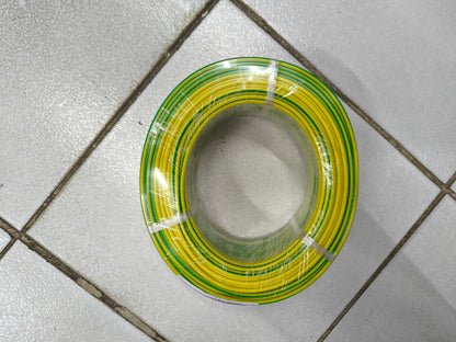 Coiled yellow and green Grounding Cable 2.0mm AWG14 wire from China on tiled floor