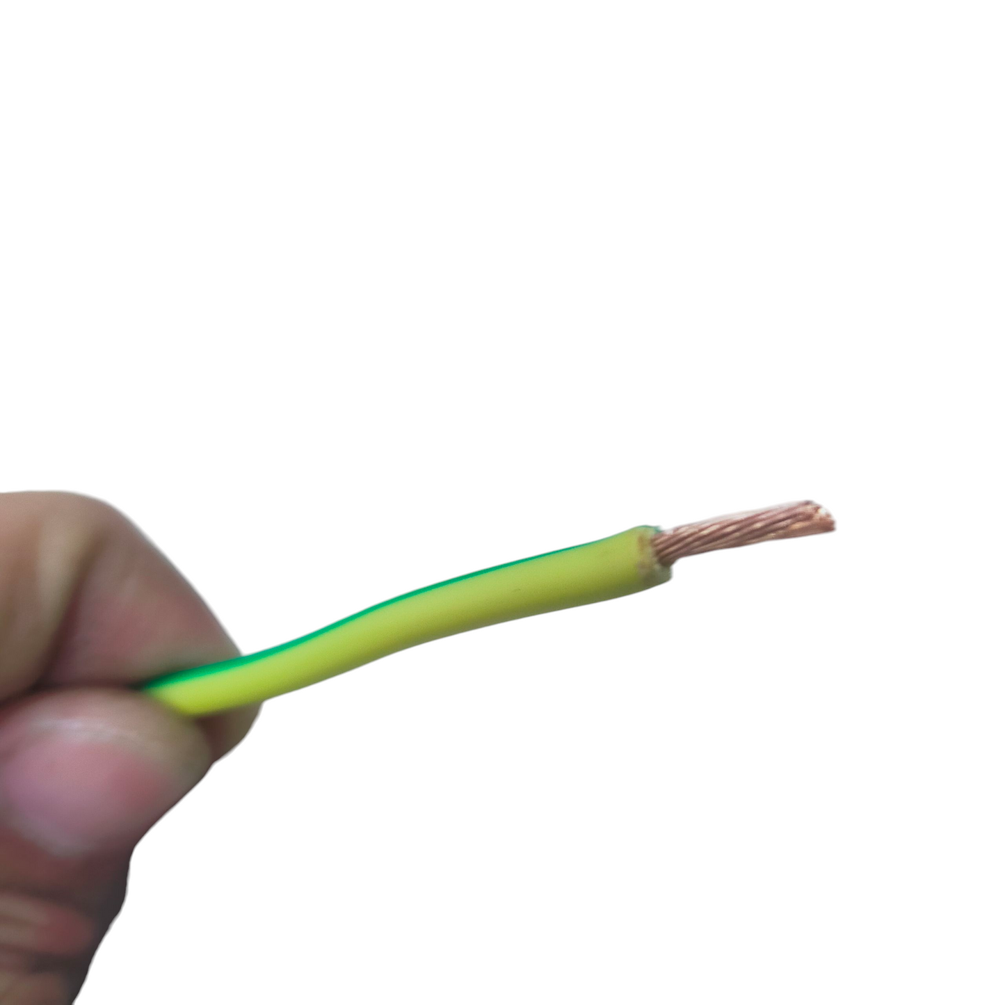 Hand holding a yellow and green insulated Grounding Cable 2.0mm AWG14 with exposed copper strands