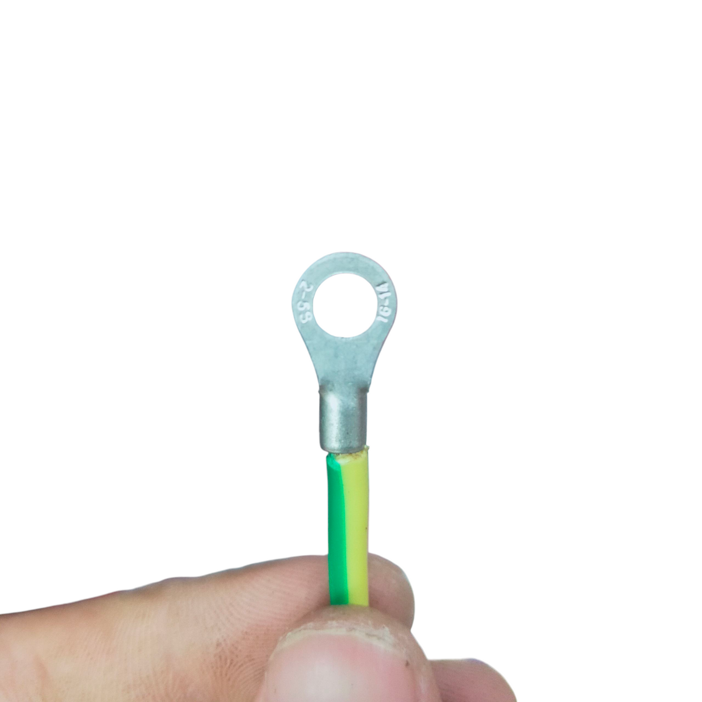 Grounding Cable 2.0mm AWG14 with green and yellow insulation and metal ring terminal held between fingers