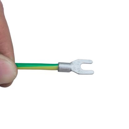 Green and yellow Grounding Cable 2.0mm AWG14 with fork terminal held by hand from China