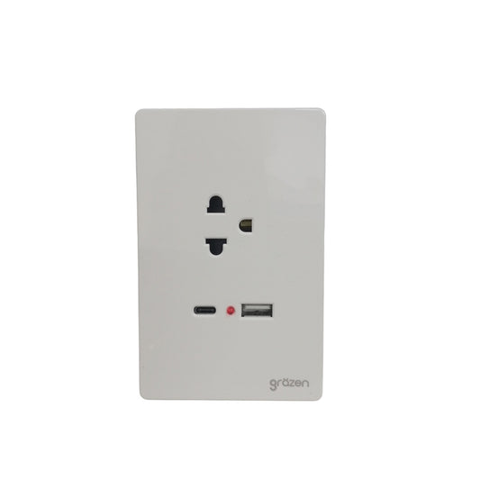 Grazen 1 gang outlet with USB-C and USB-A in white for versatile charging and power supply