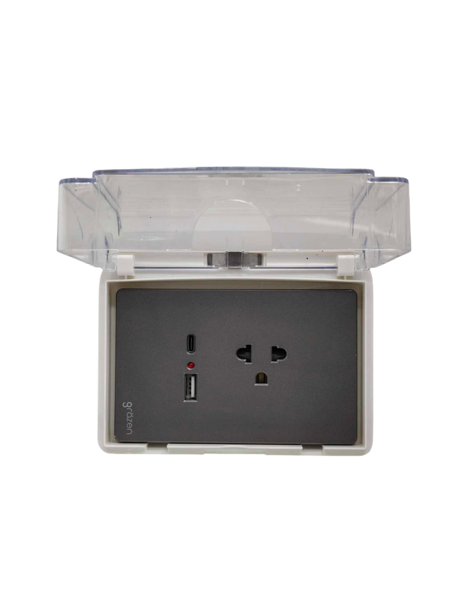 Grazen universal outlet with USB-C and USB-A ports featuring protective clear cover