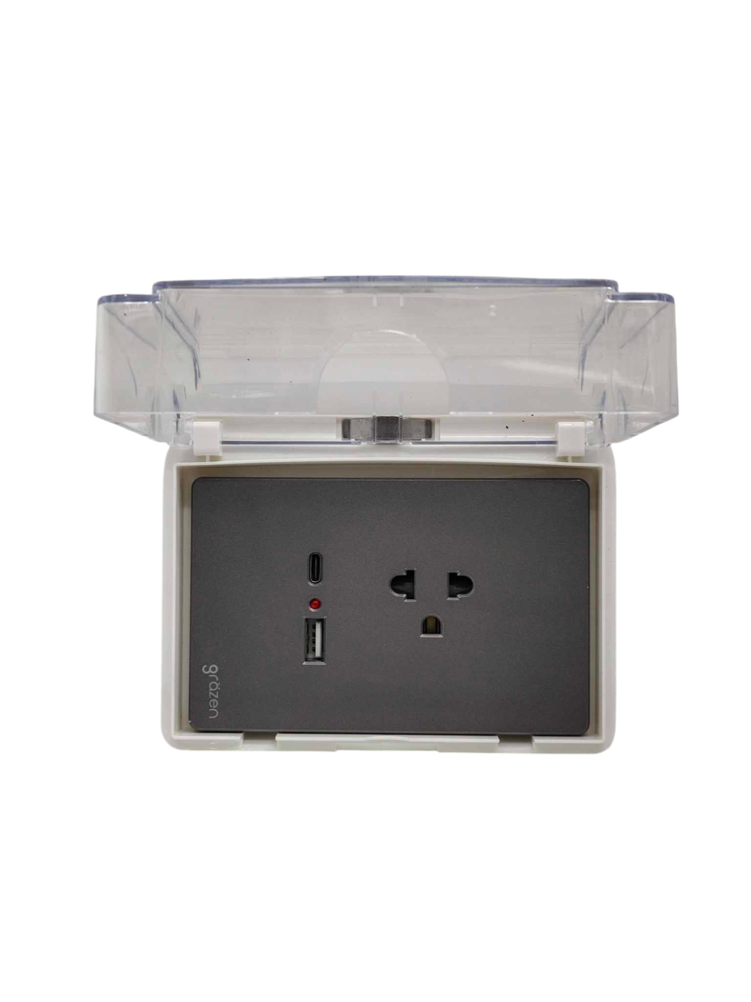 Grazen universal outlet with USB-C and USB-A ports featuring protective clear cover