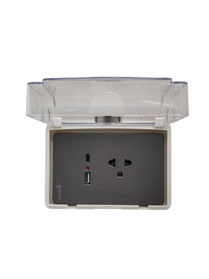 Grazen universal outlet with USB-C and USB-A ports featuring protective clear cover