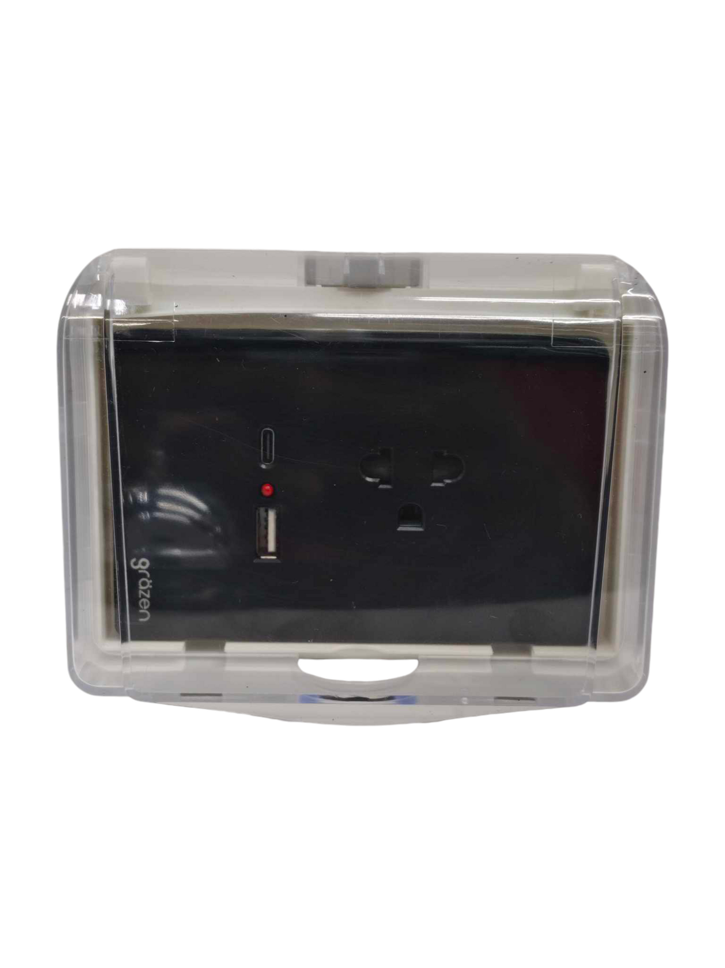 Grazen universal outlet with USB-C and USB-A in black with protective clear cover