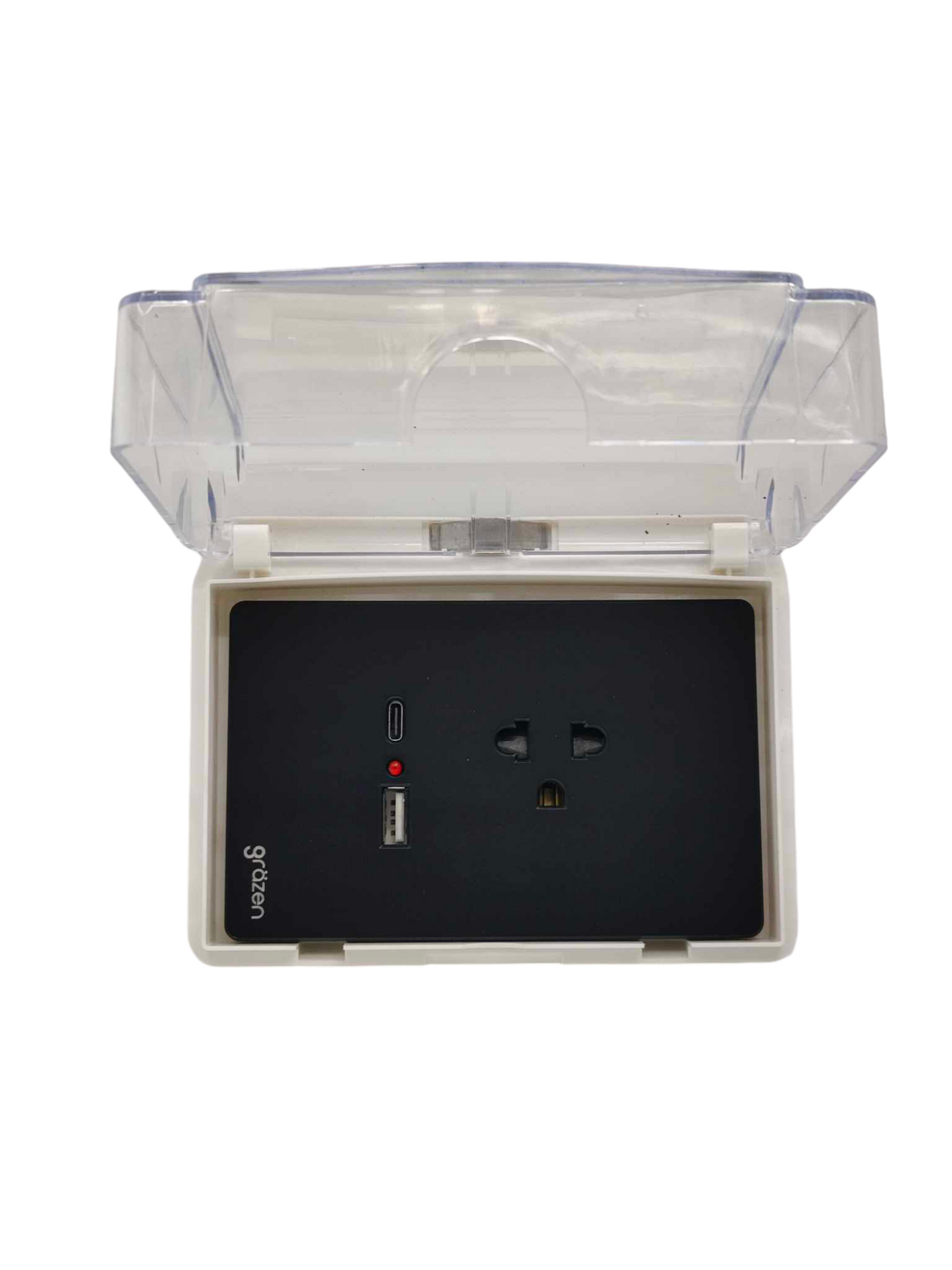 Grazen universal outlet with USB-C and USB-A ports inside a protective transparent cover