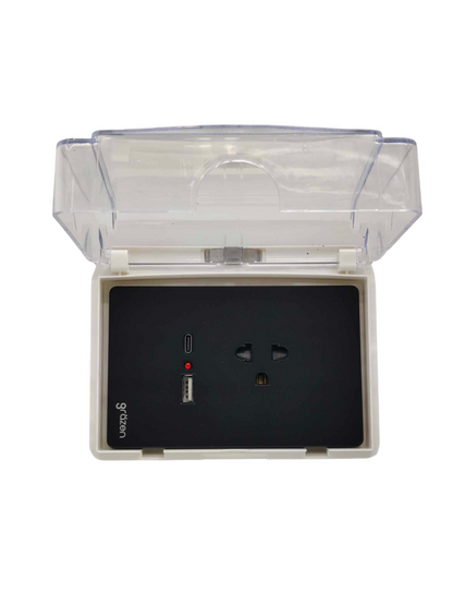 Grazen universal outlet with USB-C and USB-A ports inside a protective transparent cover