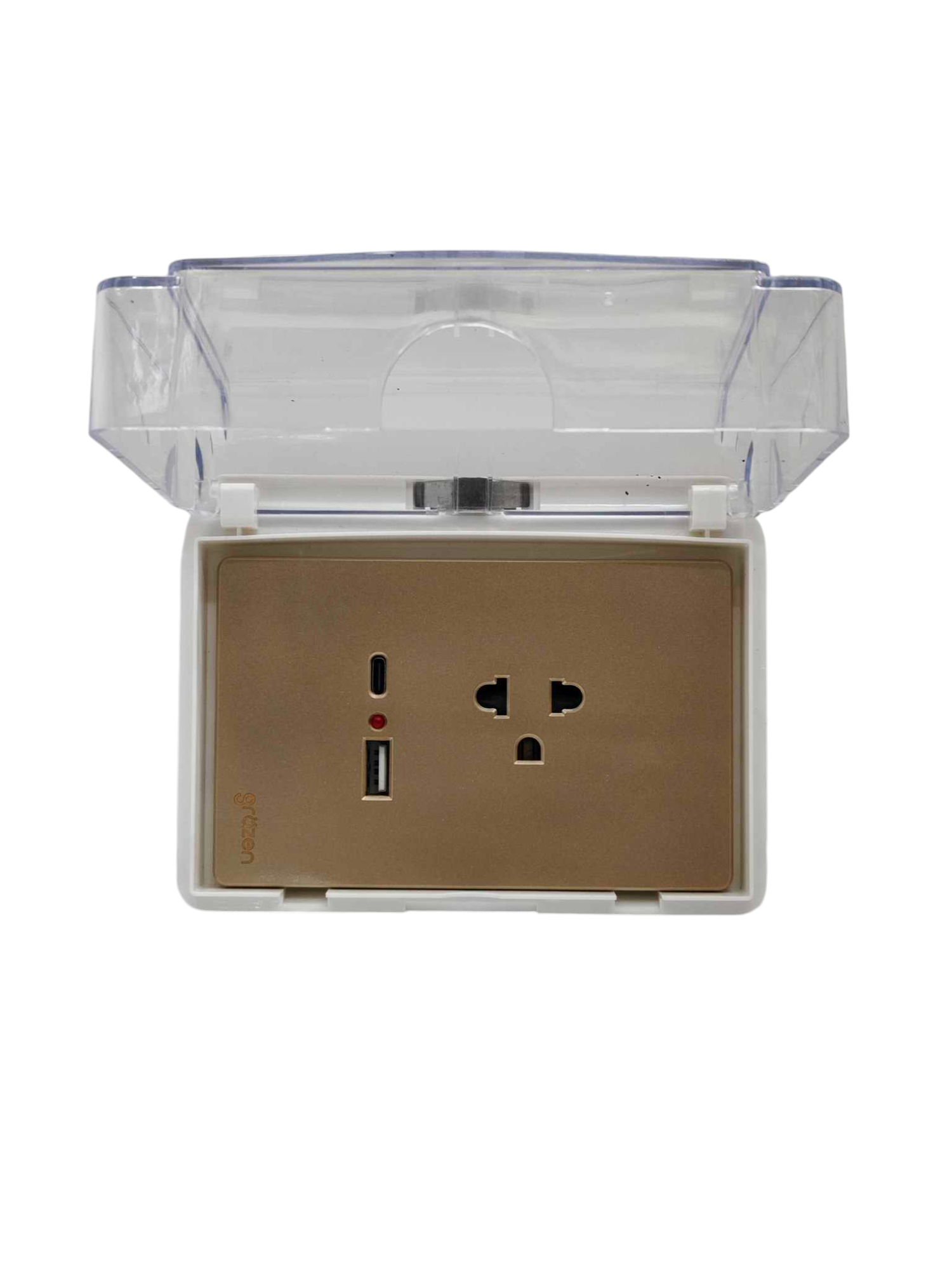 Grazen universal outlet with USB-C and USB-A featuring waterproof cover and multi-plug socket