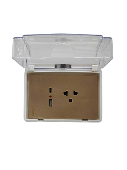 Grazen universal outlet with USB-C and USB-A featuring waterproof cover and multi-plug socket