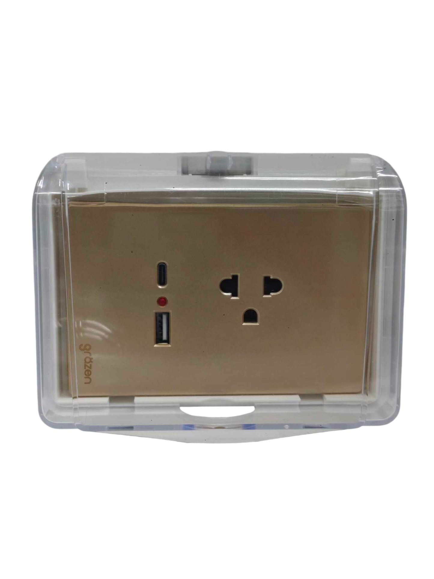 Grazen universal outlet with USB-C and USB-A in gold color with clear protective cover