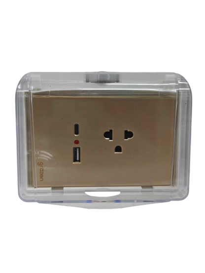 Grazen universal outlet with USB-C and USB-A in gold color with clear protective cover